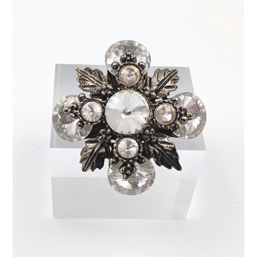 VTG Silver Tone Snowflake Leaf Pendant Brooch Clear Rhinestone Flower Statement